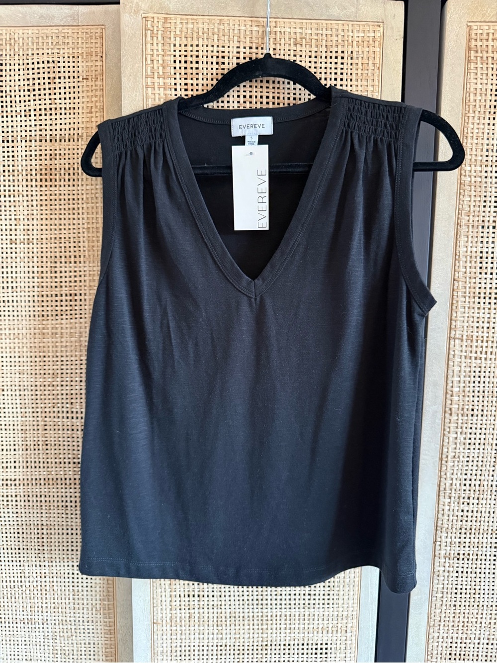 Evereve Black V-Neck Sleeveless Tank with Shirred Shoulders